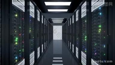 美丽的无缝服务器机架移动通过开放的门在数据中心。环形3d 动画与闪烁的电脑灯。大数据云技术的概念。4k 超高清3840x2160.